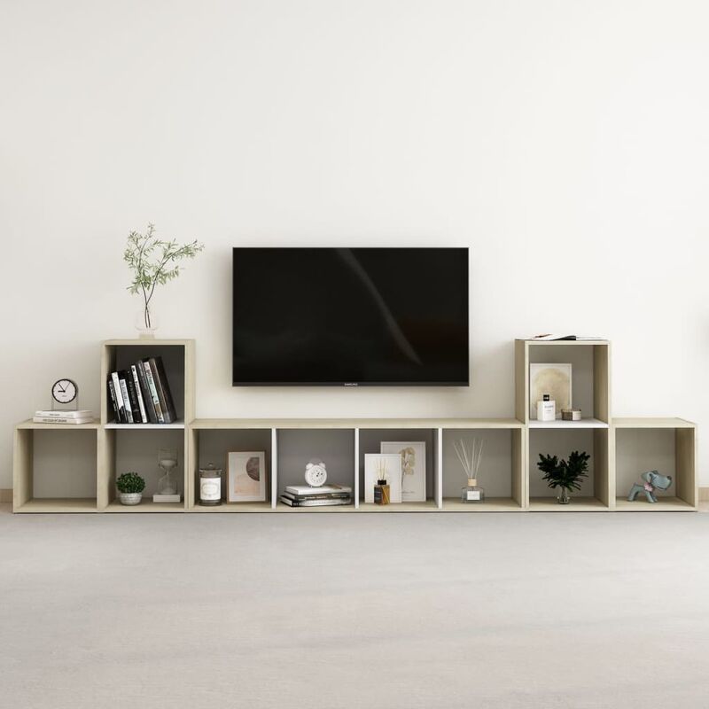 

Muebles de pared de TV 5 pzas aglomerado blanco y roble Sonoma