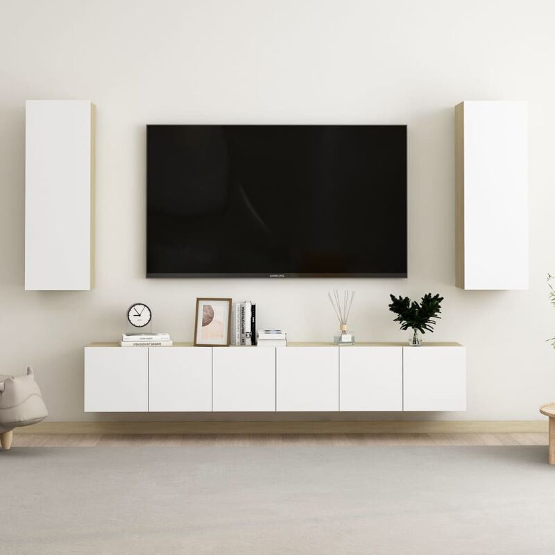 

Muebles de pared de TV 5 pzas aglomerado blanco y roble Sonoma