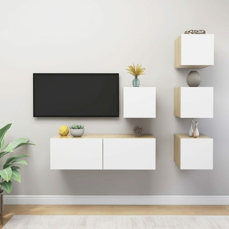 

Muebles de pared de TV 5 pzas aglomerado blanco y roble Sonoma