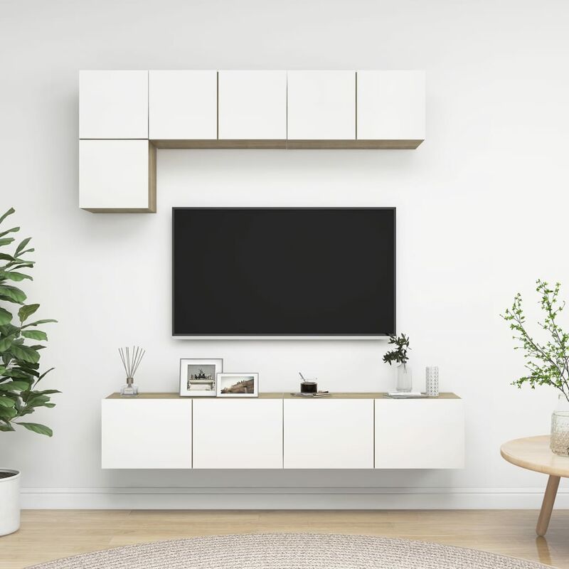 

Muebles de pared de TV 5 pzas aglomerado blanco y roble Sonoma