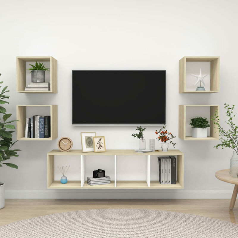 

Muebles de pared de TV 5 pzas aglomerado blanco y roble Sonoma