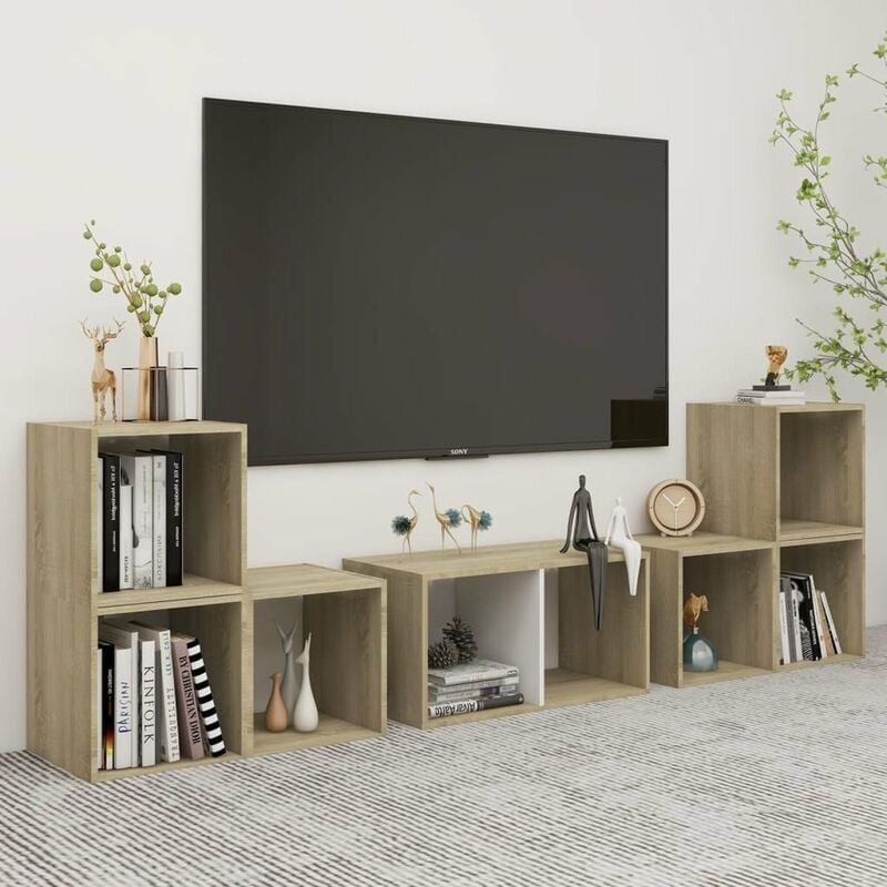 

Muebles de pared de TV 6 pzas aglomerado blanco y roble Sonoma