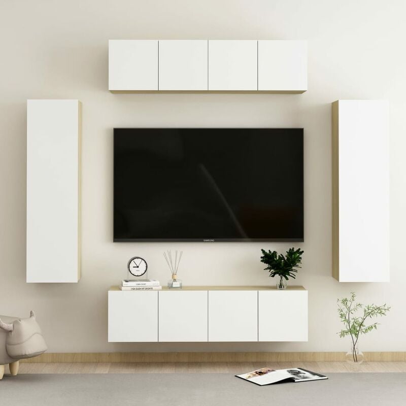 

Muebles de pared de TV 6 pzas aglomerado blanco y roble Sonoma