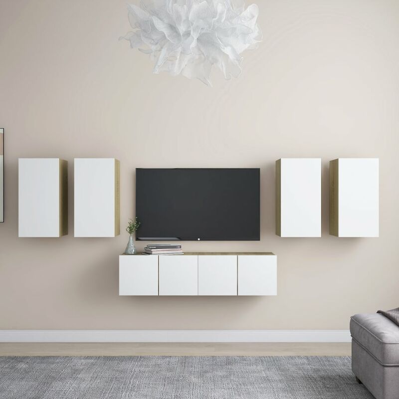 

Muebles de pared de TV 6 pzas aglomerado blanco y roble Sonoma