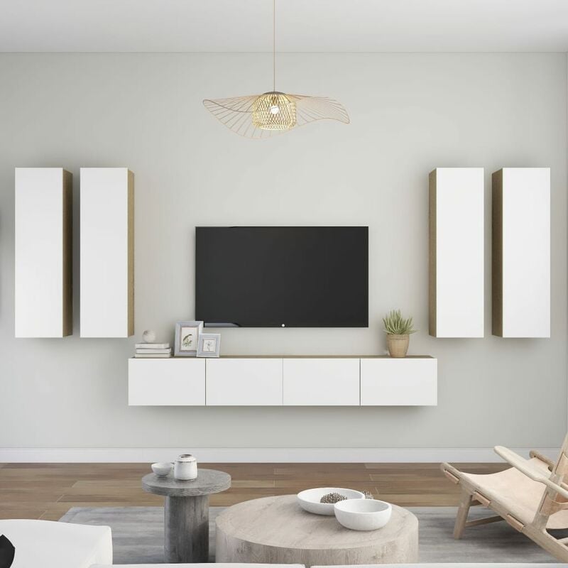 

Muebles de pared de TV 6 pzas aglomerado blanco y roble Sonoma