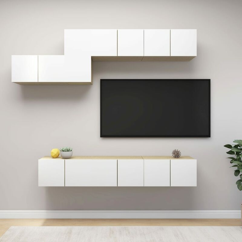 

Muebles de pared de TV 7 pzas aglomerado blanco y roble Sonoma
