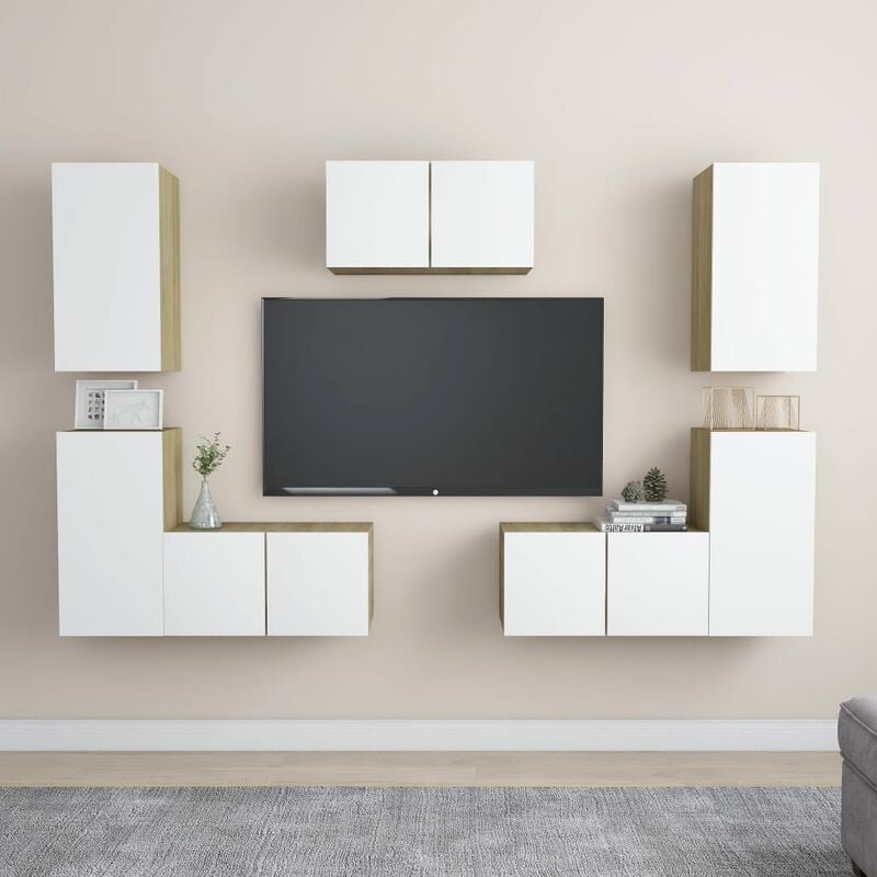

Muebles de pared de TV 7 pzas aglomerado blanco y roble Sonoma