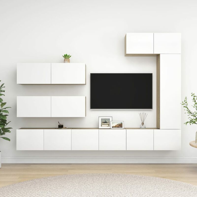 

Muebles de pared de TV 7 pzas aglomerado blanco y roble Sonoma