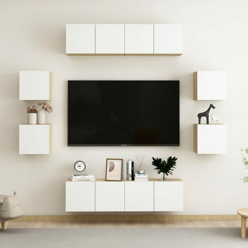 

Muebles de pared de TV 8 pzas aglomerado blanco y roble Sonoma