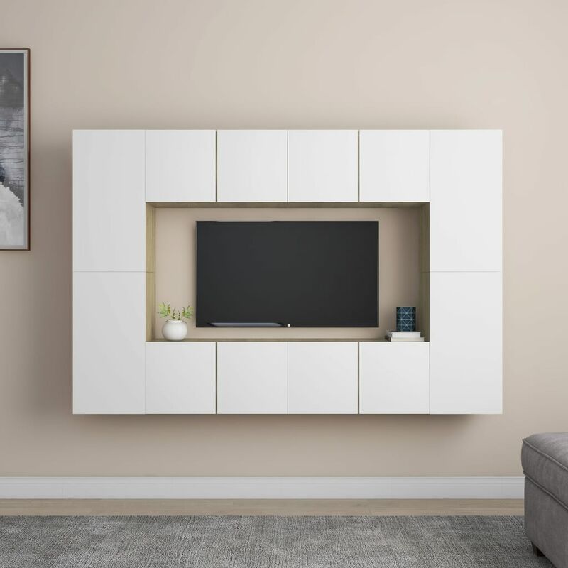 

Muebles de pared de TV 8 pzas aglomerado blanco y roble Sonoma