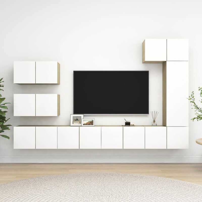

Muebles de pared de TV 8 pzas aglomerado blanco y roble Sonoma