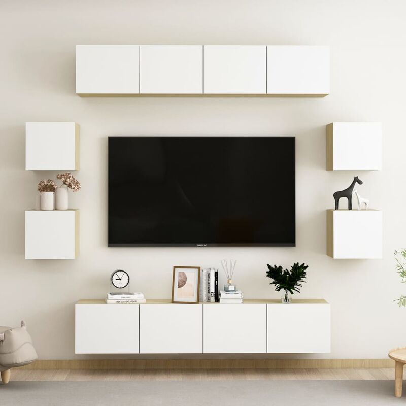 

Muebles de pared de TV 8 pzas aglomerado blanco y roble Sonoma