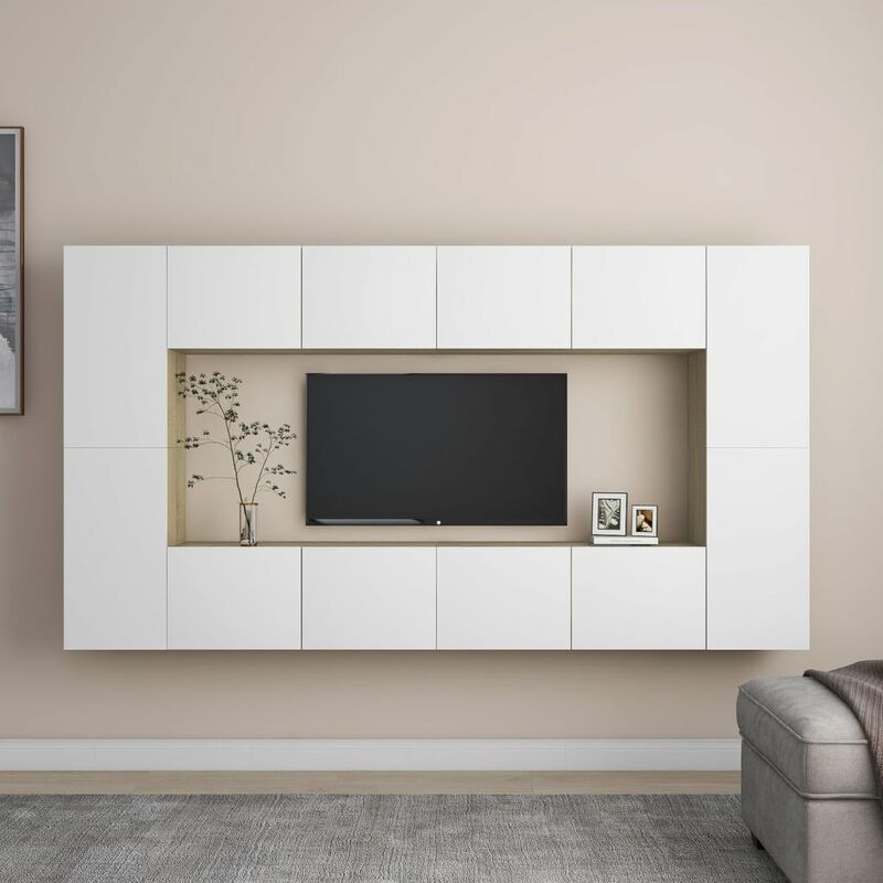 

Muebles de pared de TV 8 pzas aglomerado blanco y roble Sonoma