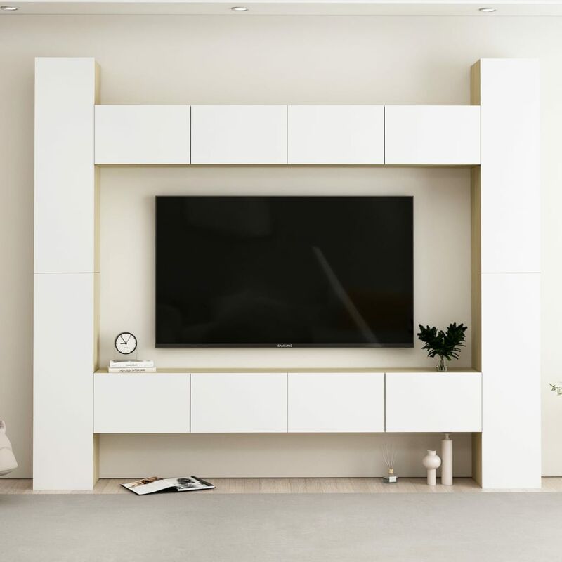 

Muebles de pared de TV 8 pzas aglomerado blanco y roble Sonoma