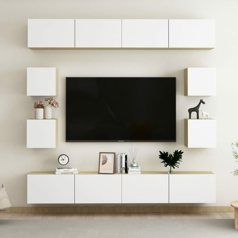 

Muebles de pared de TV 8 pzas aglomerado blanco y roble Sonoma