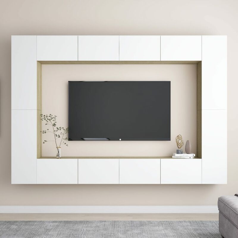 

Muebles de pared de TV 8 pzas aglomerado blanco y roble Sonoma