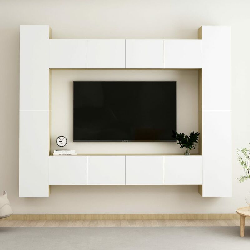 

Muebles de pared de TV 8 pzas aglomerado blanco y roble Sonoma