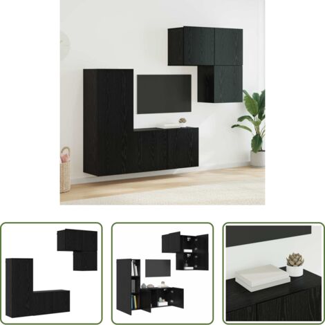 Muebles de pared -  Mueble de TV 4 pcs Roble Negro Madera de ingeniería