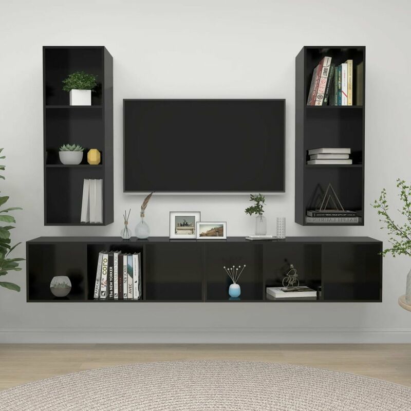 

Muebles de pared para TV 4 pzas aglomerado negro con brillo