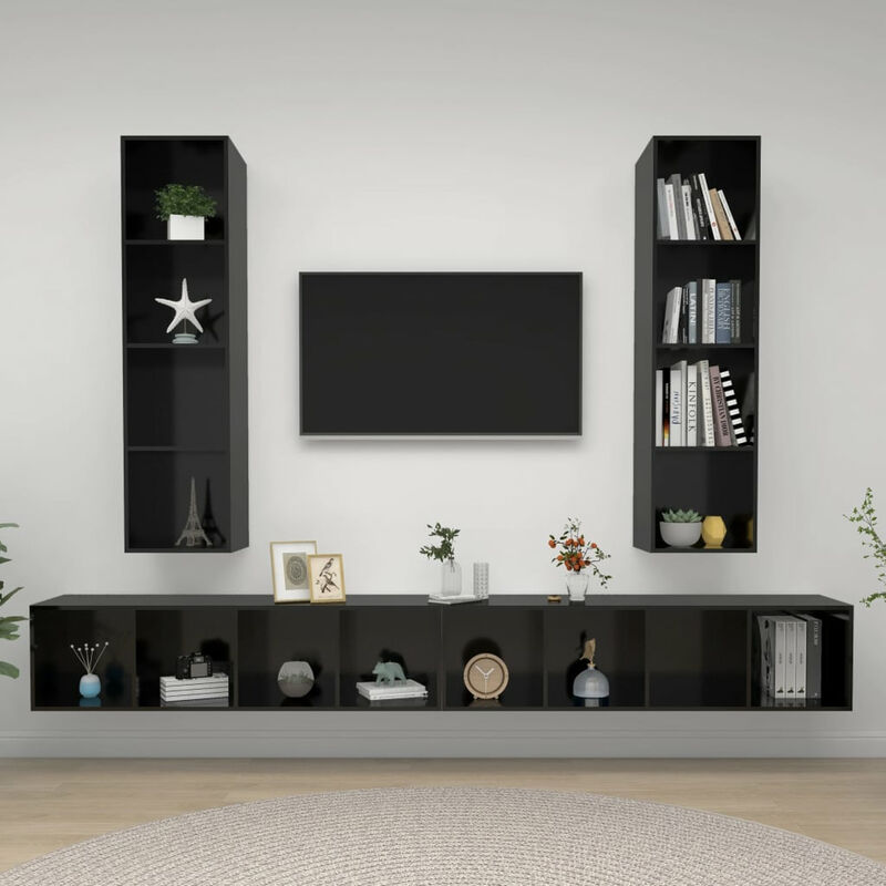 

Muebles de pared para TV 4 pzas aglomerado negro con brillo