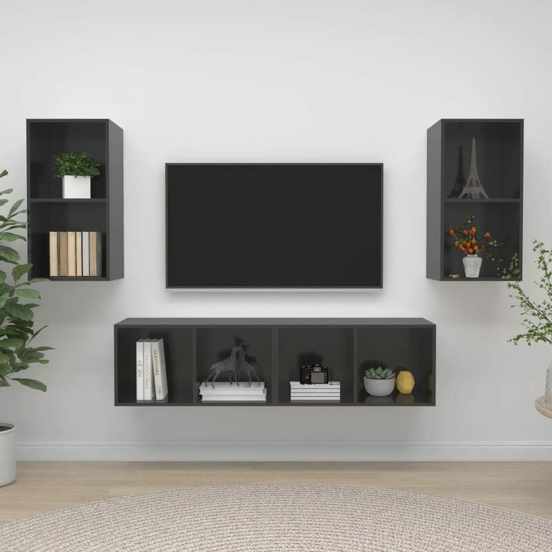 

Muebles de pared para TV 4 uds aglomerado gris con brillo