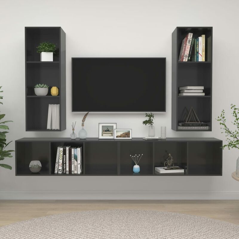 

Muebles de pared para TV 4 uds aglomerado gris con brillo