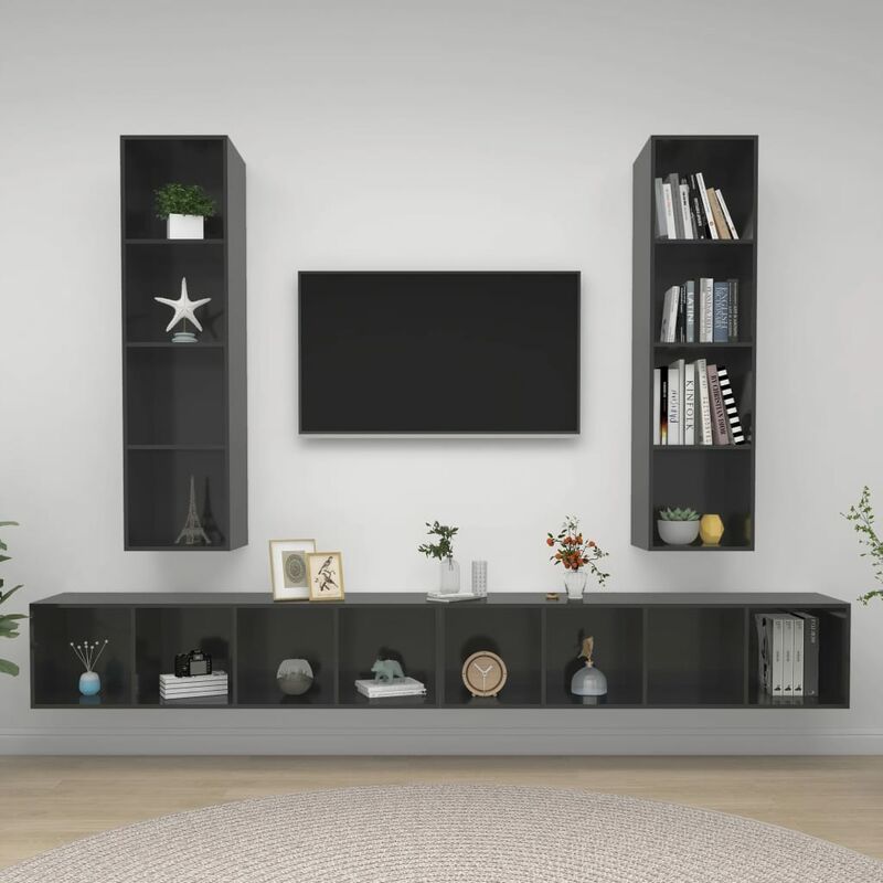 

Muebles de pared para TV 4 uds aglomerado gris con brillo