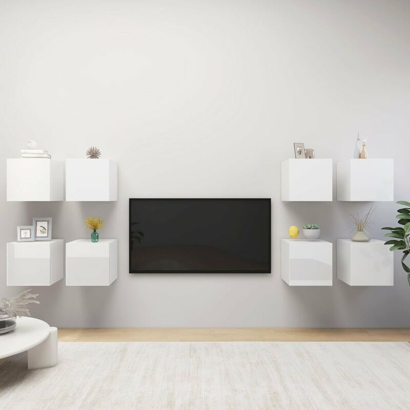 

Muebles de pared para TV 8 uds blanco con brillo 30,5x30x30 cm