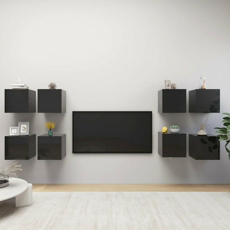 

Muebles de pared para TV 8 uds negro con brillo 30,5x30x30 cm