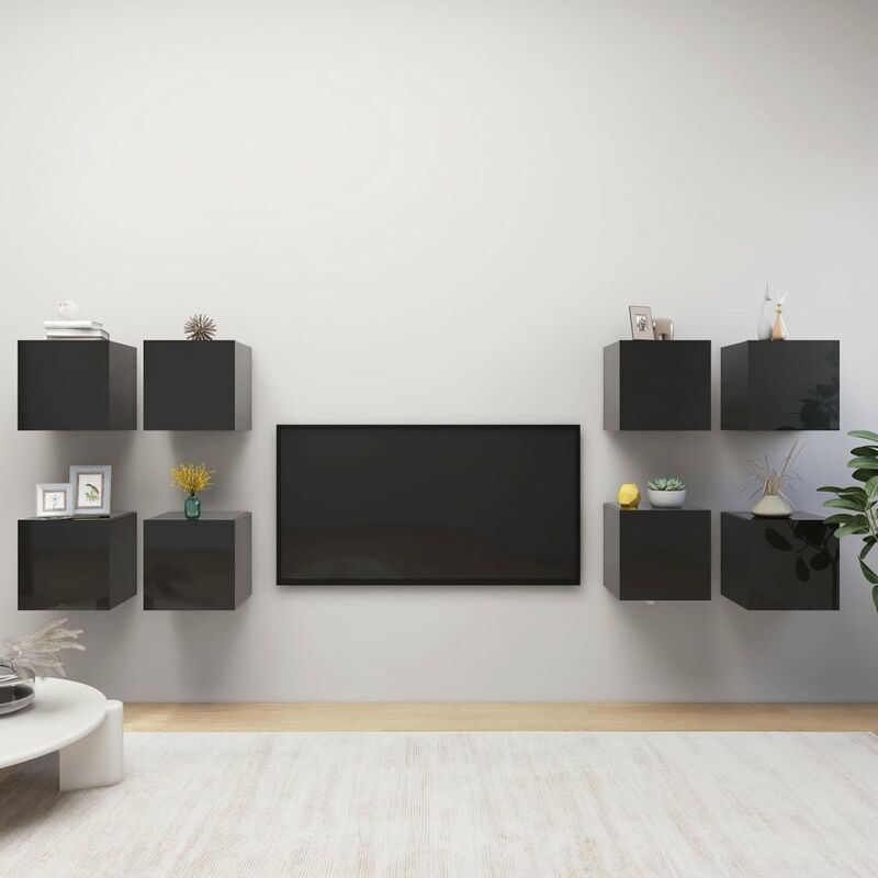 

Muebles de pared para TV 8 uds negro con brillo 30,5x30x30 cm