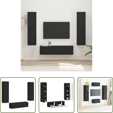 Muebles de sala -  Conjunto de mueble de TV 6 pcs Negro Madera de ingeniería