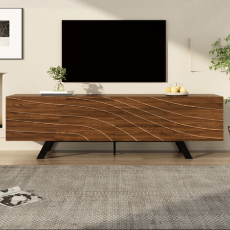 Muebles de televisión 160x39x50,5 cm, con espacio de almacenaje, gestión de cables, estantes, patas de hierro negro, gabinete bajo color nogal