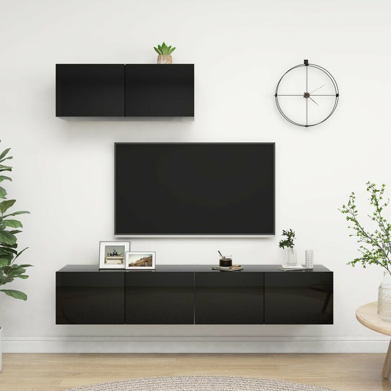 

Muebles de TV 3 piezas de aglomerado negro brillante