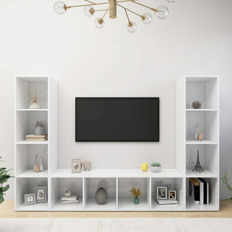 

Muebles de TV 3 uds aglomerado blanco brillante 142,5x35x36,5cm