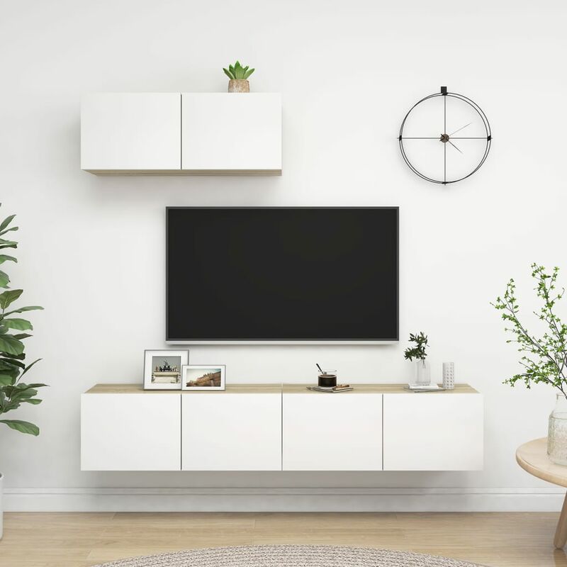 

Muebles de TV 3 uds aglomerado blanco y roble Sonoma