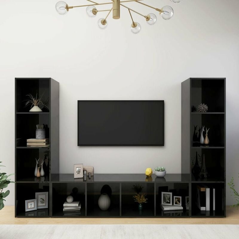 

Muebles de TV 3 uds aglomerado negro brillante 142,5x35x36,5 cm