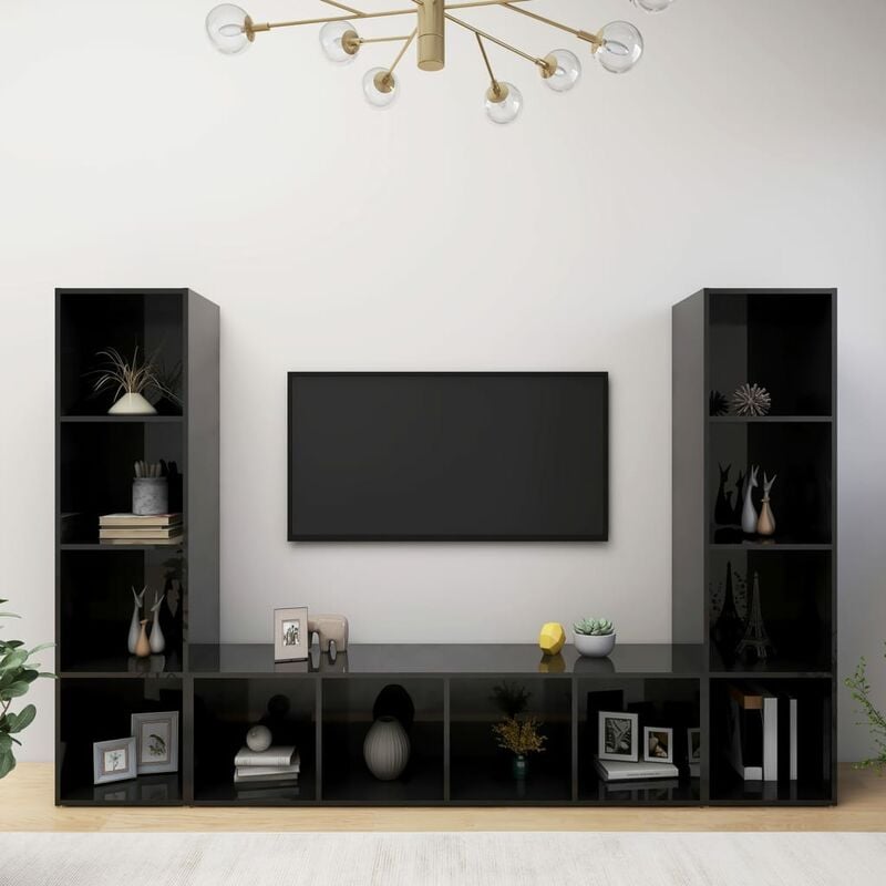 

Muebles de TV 3 uds aglomerado negro brillante 142,5x35x36,5 cm