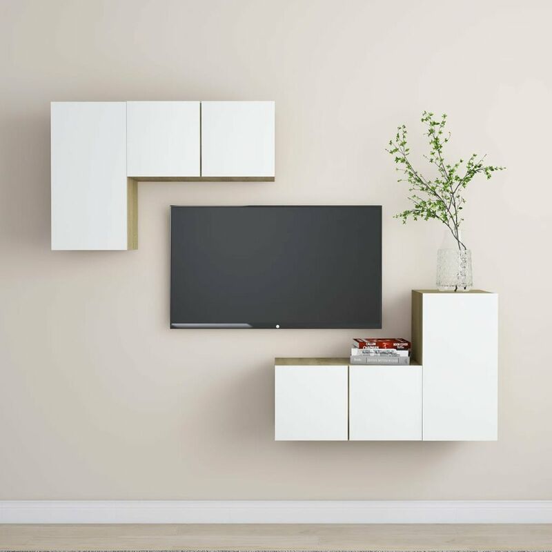 

Muebles de TV 4 pzas aglomerado blanco y roble Sonoma