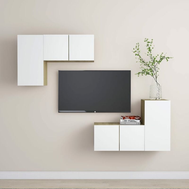 

Muebles de TV 4 pzas aglomerado blanco y roble Sonoma