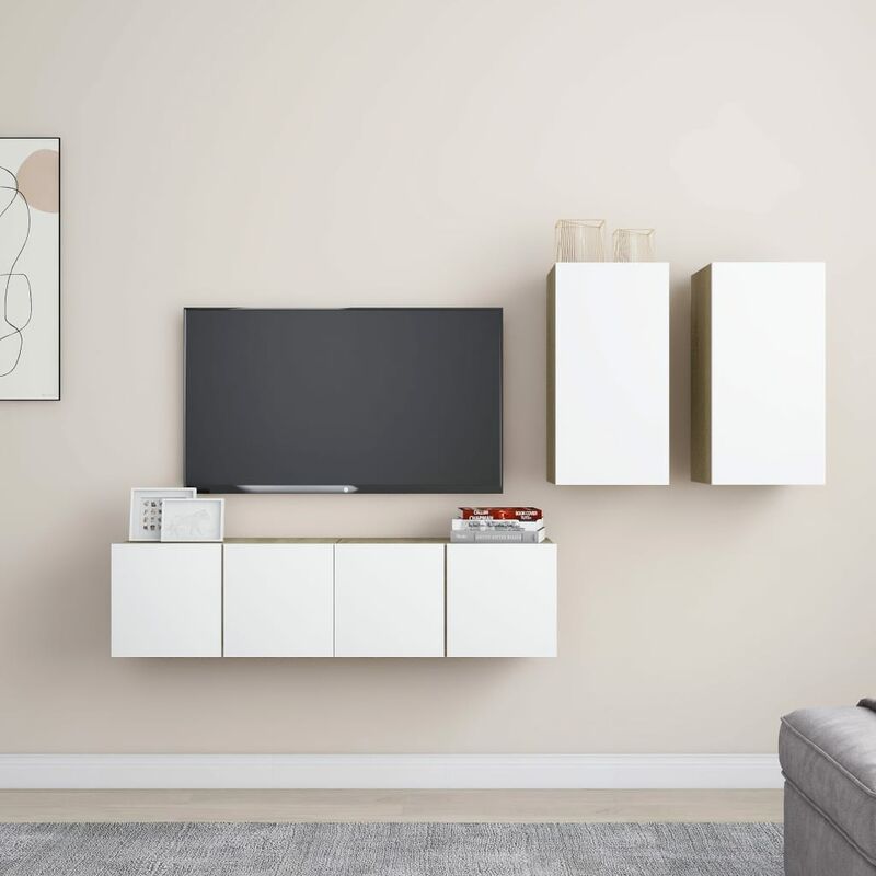 

Muebles de TV 4 pzas aglomerado blanco y roble Sonoma
