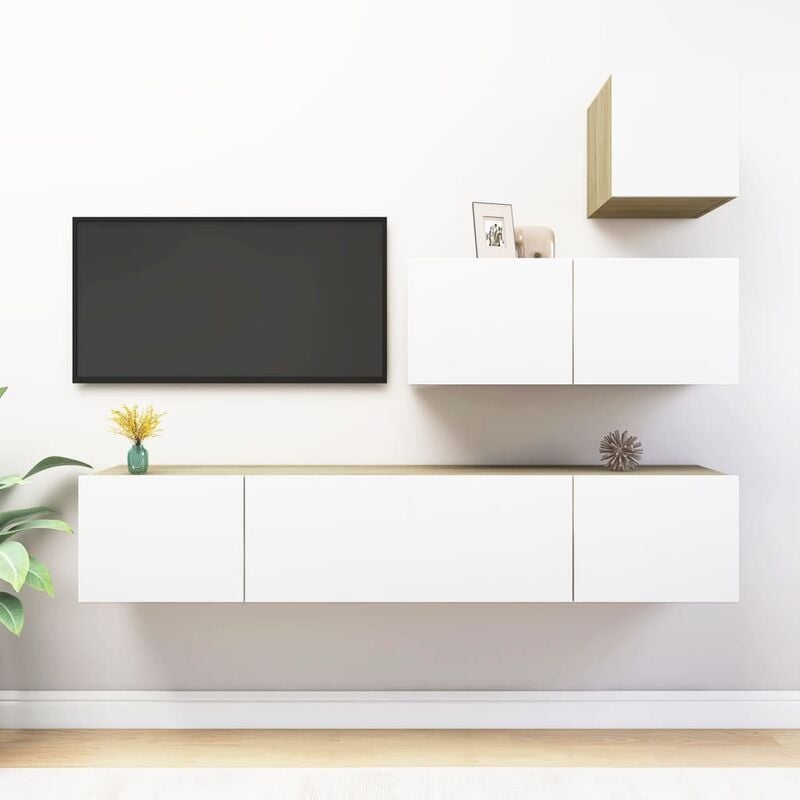 

Muebles de TV 4 pzas aglomerado blanco y roble Sonoma