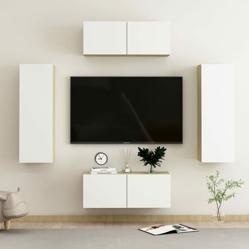 

Muebles de TV 4 pzas aglomerado blanco y roble Sonoma