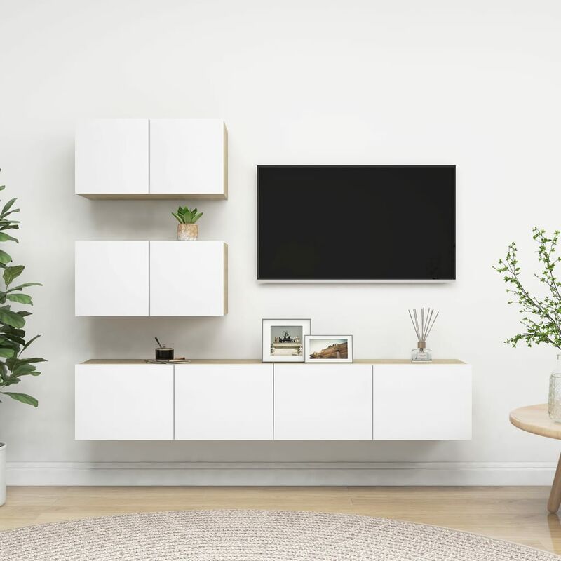 

Muebles de TV 4 pzas aglomerado blanco y roble Sonoma