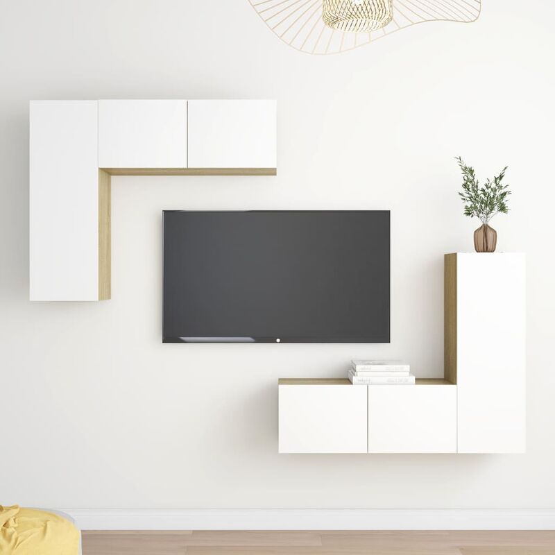 

Muebles de TV 4 pzas aglomerado blanco y roble Sonoma