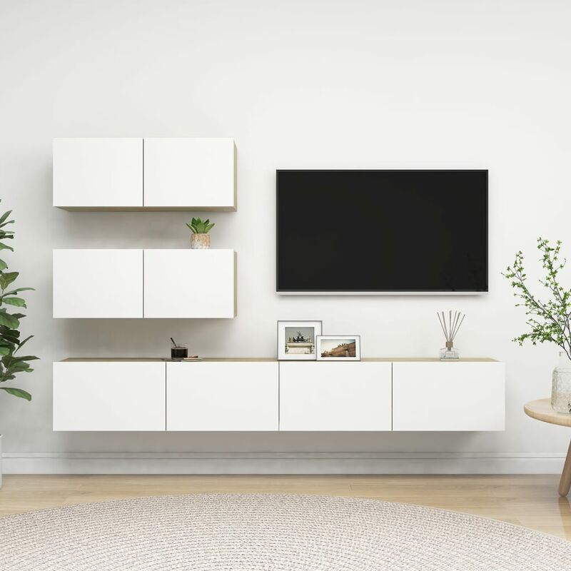 

Muebles de TV 4 pzas aglomerado blanco y roble Sonoma
