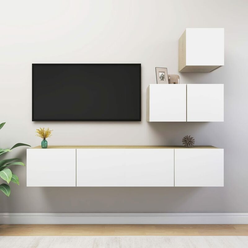 

Muebles de TV 4 pzas aglomerado blanco y roble Sonoma