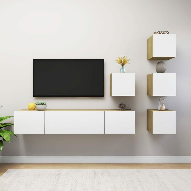 

Muebles de TV 6 pzas aglomerado blanco y roble Sonoma