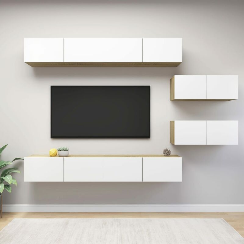 

Muebles de TV 6 pzas aglomerado blanco y roble Sonoma