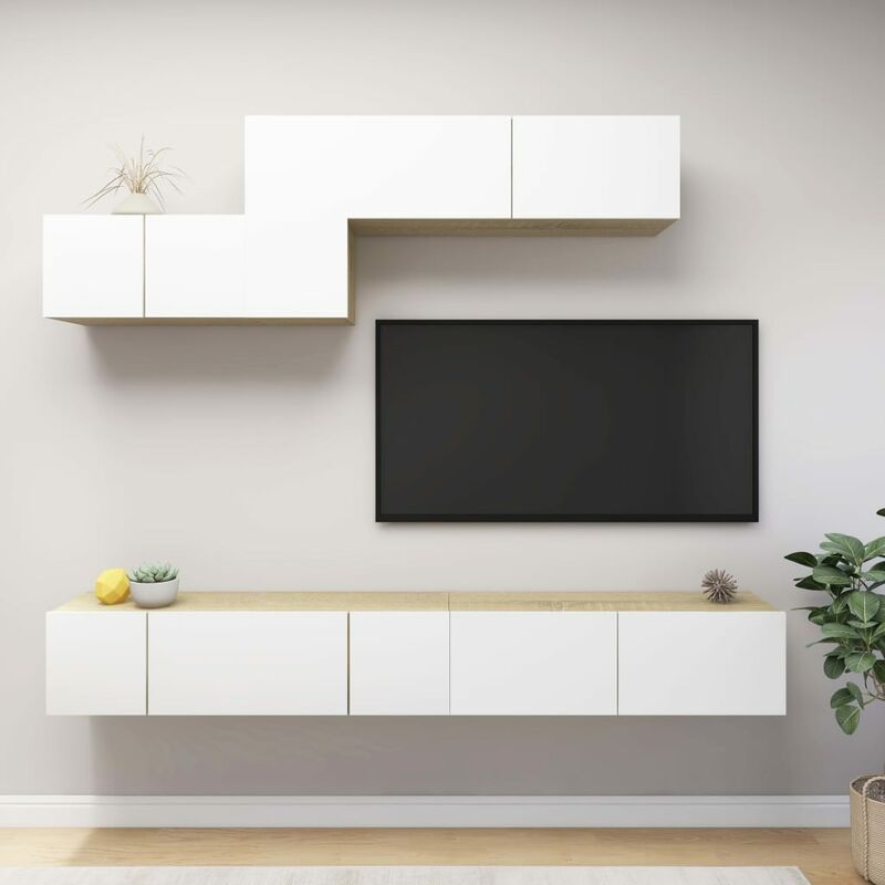 

Muebles de TV 6 pzas aglomerado blanco y roble Sonoma