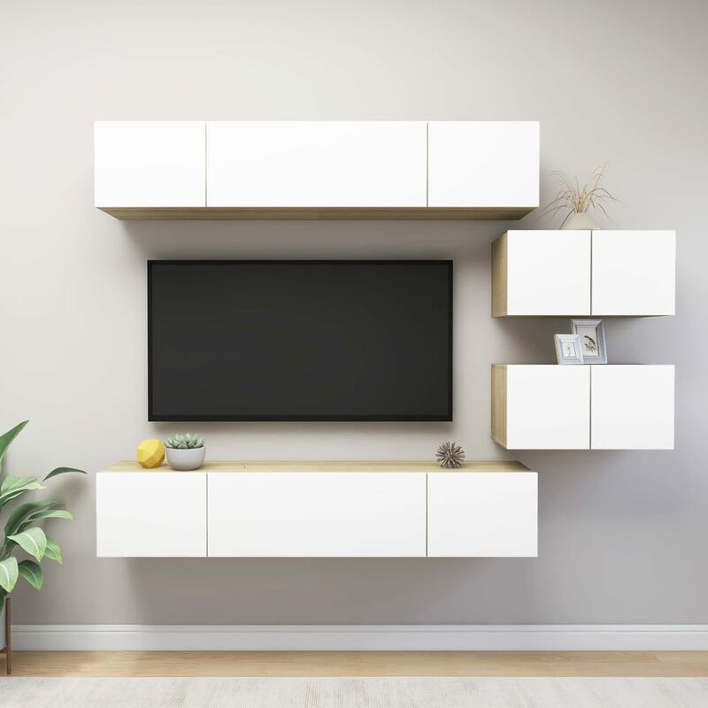 

Muebles de TV 6 pzas aglomerado blanco y roble Sonoma